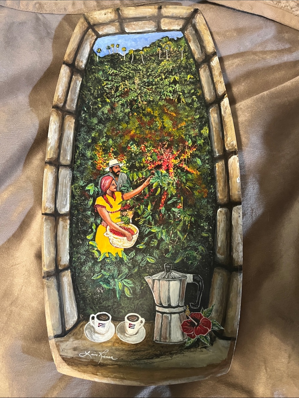 Hand-Painted Coffee Harvest Scene Wall Art – Yellow Accents